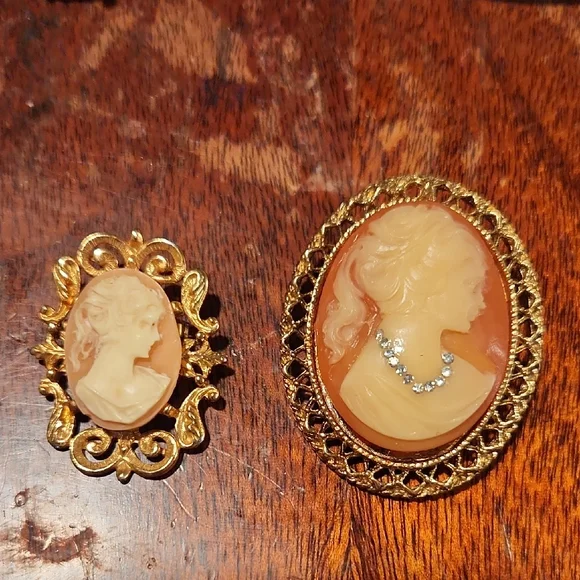 Vintage Elegant Gold Cameo Brooch Set - Picture 1 of 10